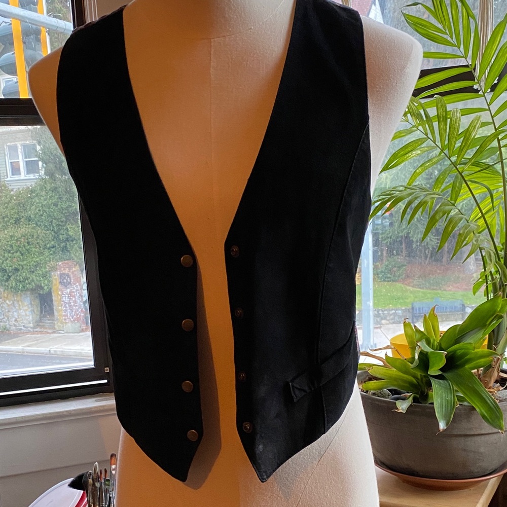 Vintage Black Leather Men's Vest with colourful  Paisley satin back.